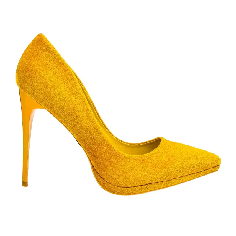 Szpilki żółte, czółenka żółte, szpilki zamszowe noski w szpic  na niskiej platformie poleca sklep z butami