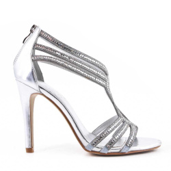 Srebrne sandały eleganckie wieczorowe - gladiatorki srebrne z cyrkoniami paseczkami