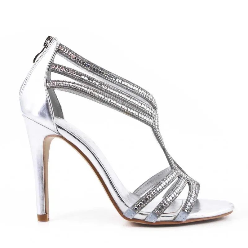 Srebrne sandały  eleganckie wieczorowe - gladiatorki  srebrne z cyrkoniami paseczkami