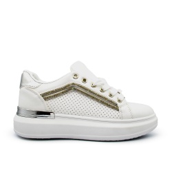 Modne Sneakersy biało-srebrne na grubej podeszwie , srebrne metaliczne na pięcie, przeszywane srebrny zamek