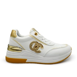 Sneakersy damskie biało złote fashion złote logo